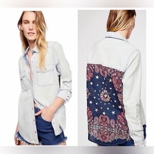 Free People Womens Bandana Bandit Printed Long Sleeve Button-Down Top